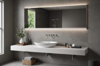 Lavabo design en marbre et bois dans une salle de bain moderne