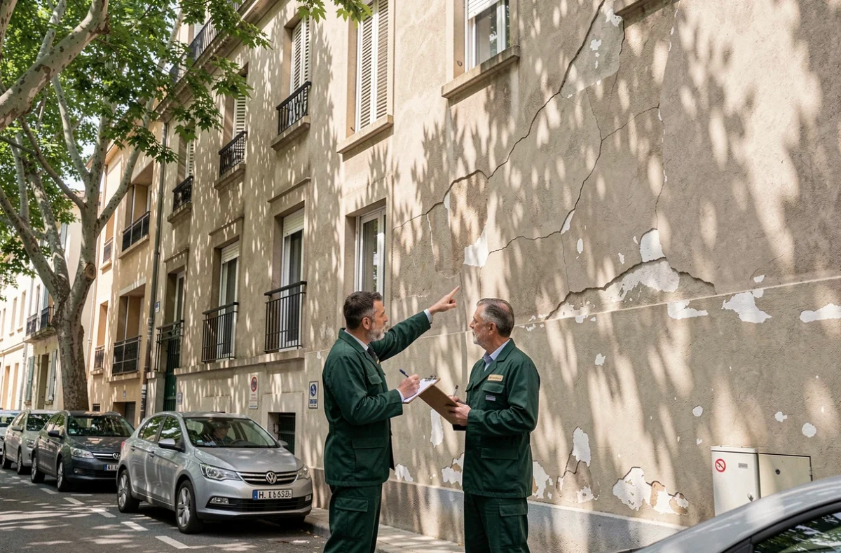 Techniciens d'A2M Rénovation inspectant la façade d'un immeuble urbain en PACA
