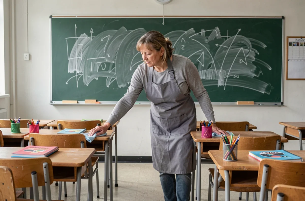 Agent d'entretien scolaire nettoyant les bureaux d'une salle de classe vide avec un chiffon microfibre