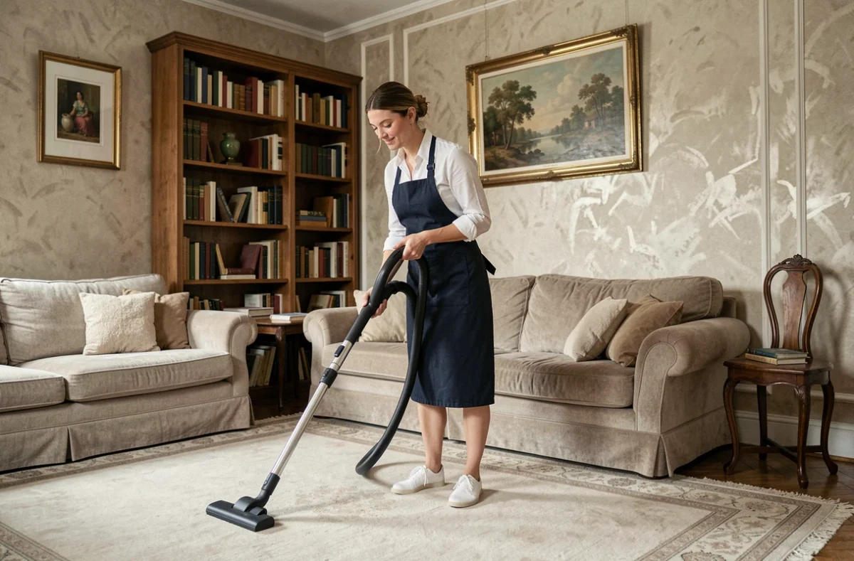 Agent d'entretien passant l'aspirateur dans un salon confortable d'une maison à Saint-Dizier