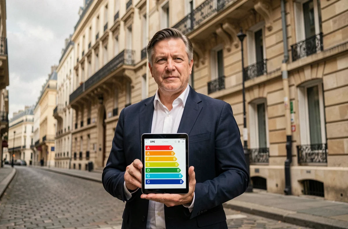 Agent immobilier tenant une tablette affichant le classement DPE devant un immeuble haussmannien parisien lors d'une visite locative