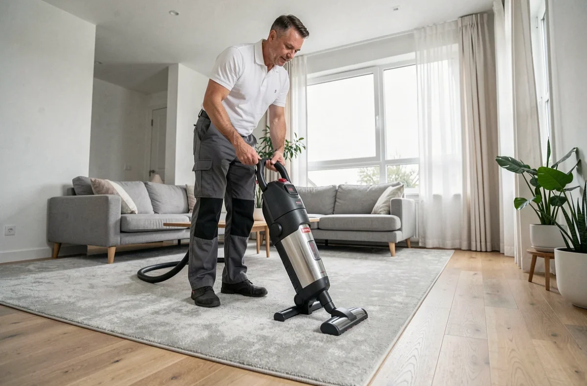 Agent de ménage professionnel passant l'aspirateur dans un salon moderne au style scandinave
