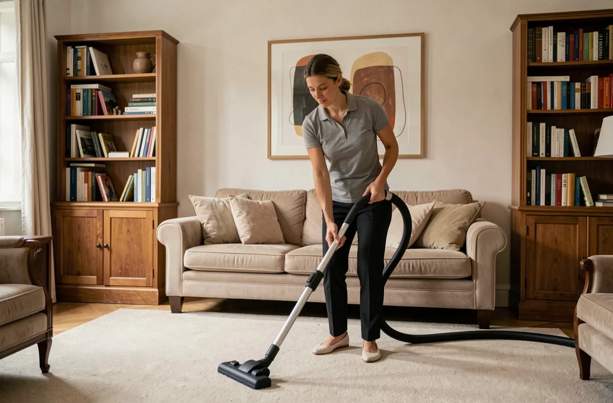 Aide ménagère passant l'aspirateur dans un salon bien décoré d'un appartement à La Garde