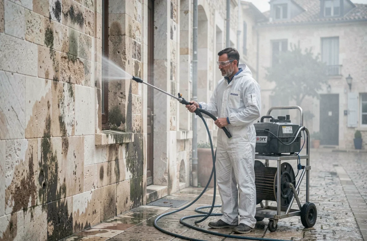 Technicien d'Airacle Confort nettoyant une façade historique sous haute pression en PACA