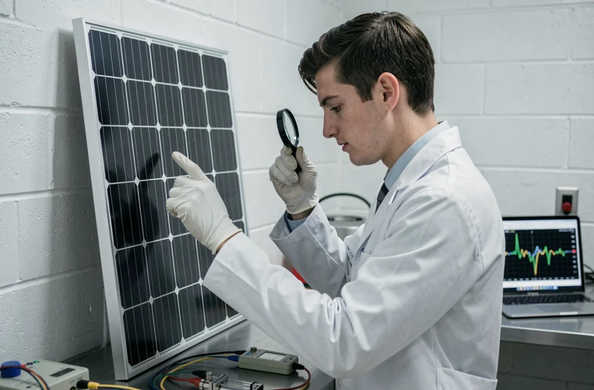 Ingénieur en laboratoire analysant la surface d'un panneau solaire avec des instruments de mesure