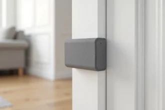Gros plan sur un anti-pince doigt en mousse grise installé sur le bord charnière d'une porte intérieure blanche, montrant l'usure naturelle du matériau après utilisation prolongée