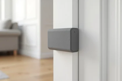 Gros plan sur un anti-pince doigt en mousse grise installé sur le bord charnière d'une porte intérieure blanche, montrant l'usure naturelle du matériau après utilisation prolongée