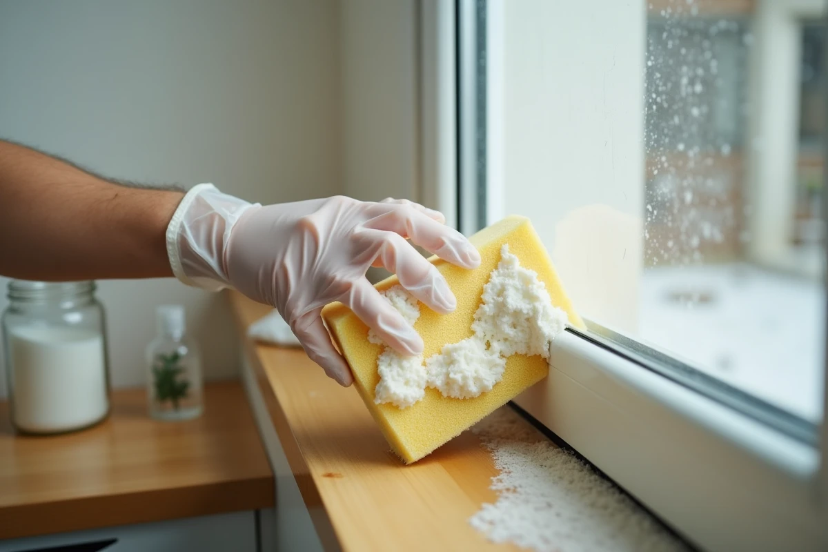 Mains gantées appliquant du bicarbonate de soude sur un cadre en plastique jauni pour le blanchir