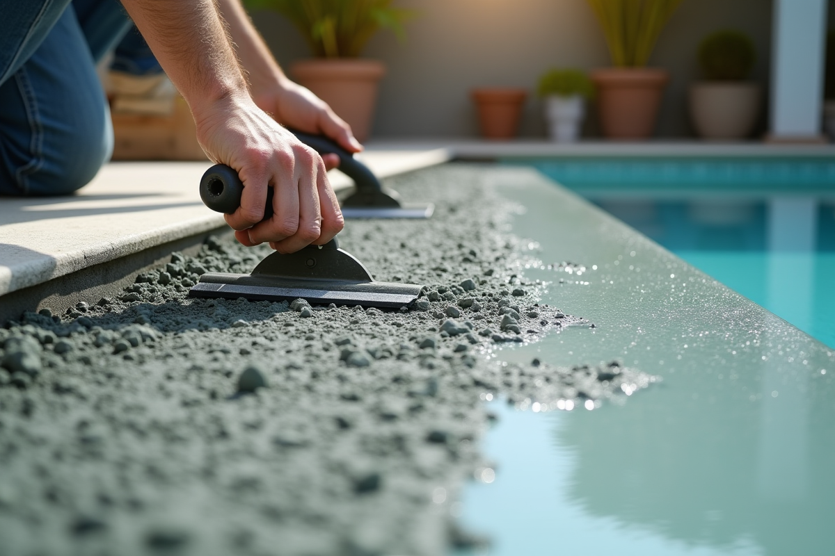 Mains appliquant un revetement concrete texturé sur une piscine