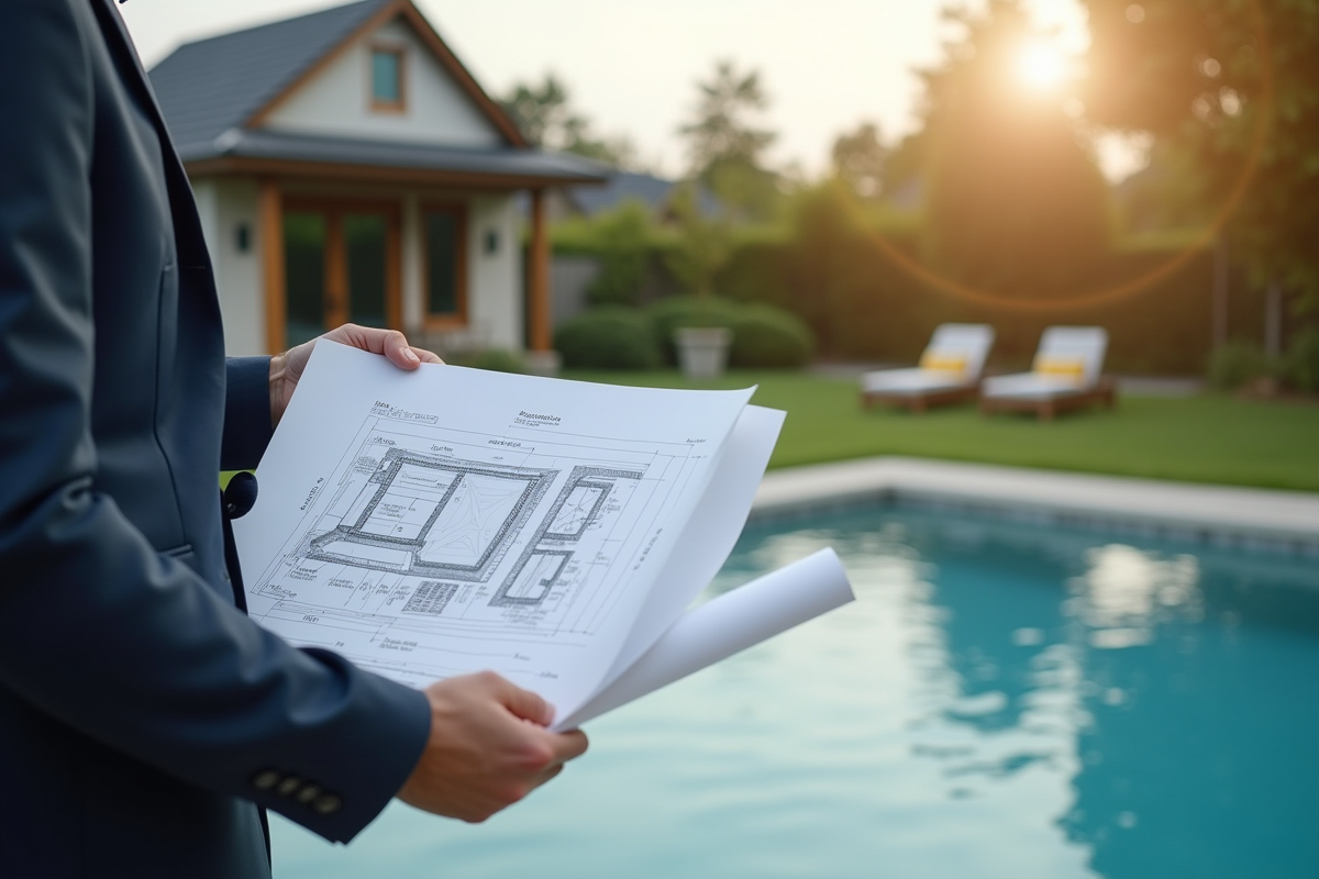 Architecte avec plans de piscine en construction au matin