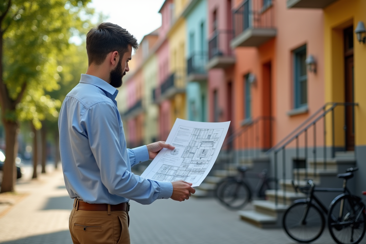 Jeune architecte montrant un plan de rénovation devant un immeuble