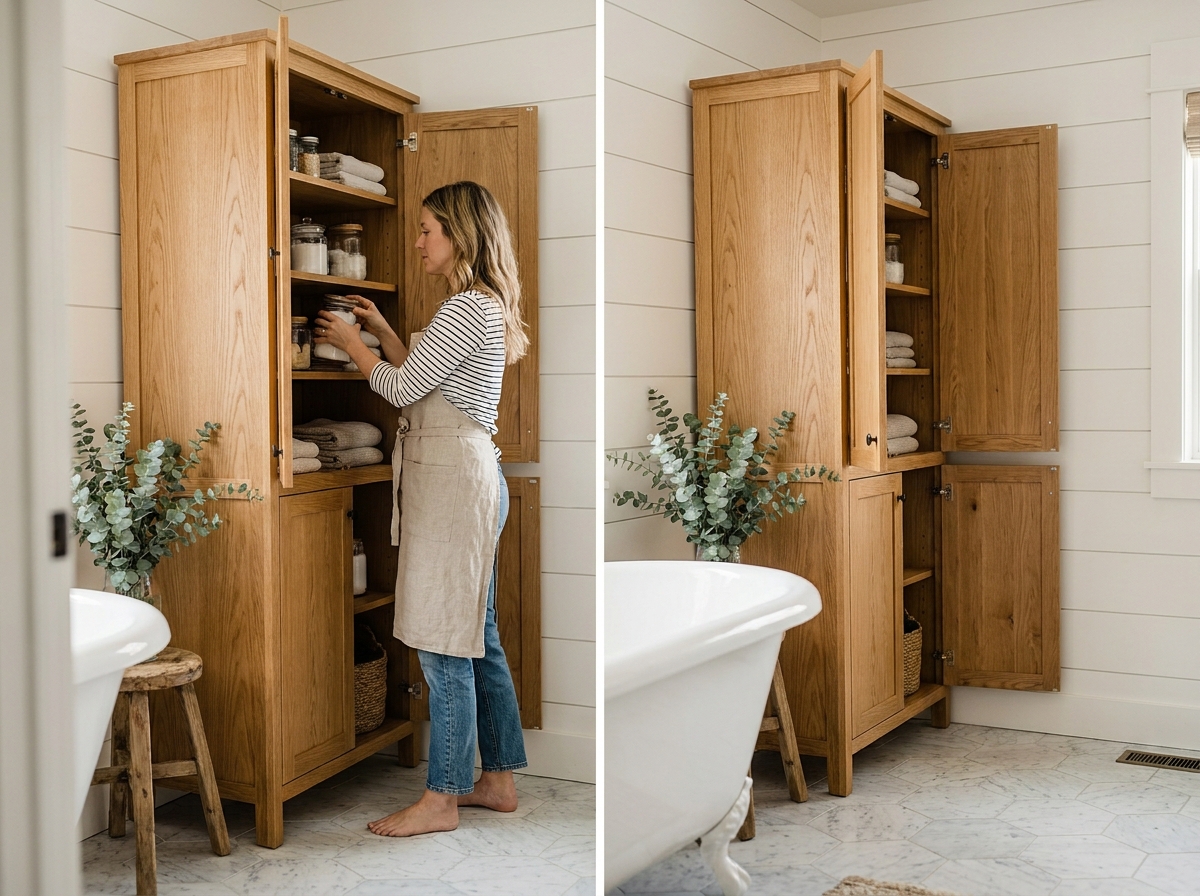 Femme rangeant des produits de soin dans une grande armoire de salle de bain en bois de style scandinave