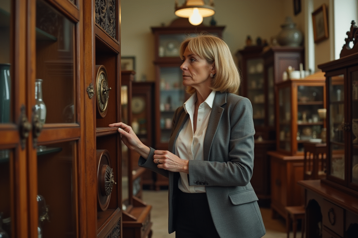 Femme contemplant une armoire ancienne dans une boutique d'antiquités