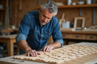 Artisan en travail du bois examinant un panneau décoratif 3D