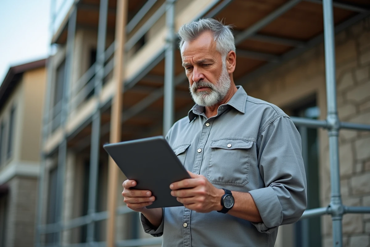 Artisan expérimenté consultant un devis numérique sur tablette devant une façade résidentielle en rénovation
