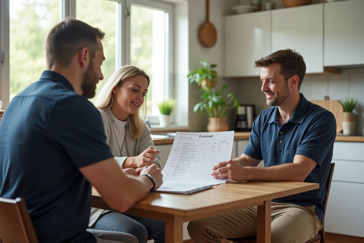 Artisan professionnel présentant un devis détaillé à un couple de propriétaires autour d'une table de cuisine moderne