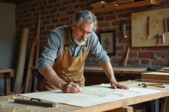 Artisan ébéniste étudiant des croquis de meubles dans son atelier de menuiserie