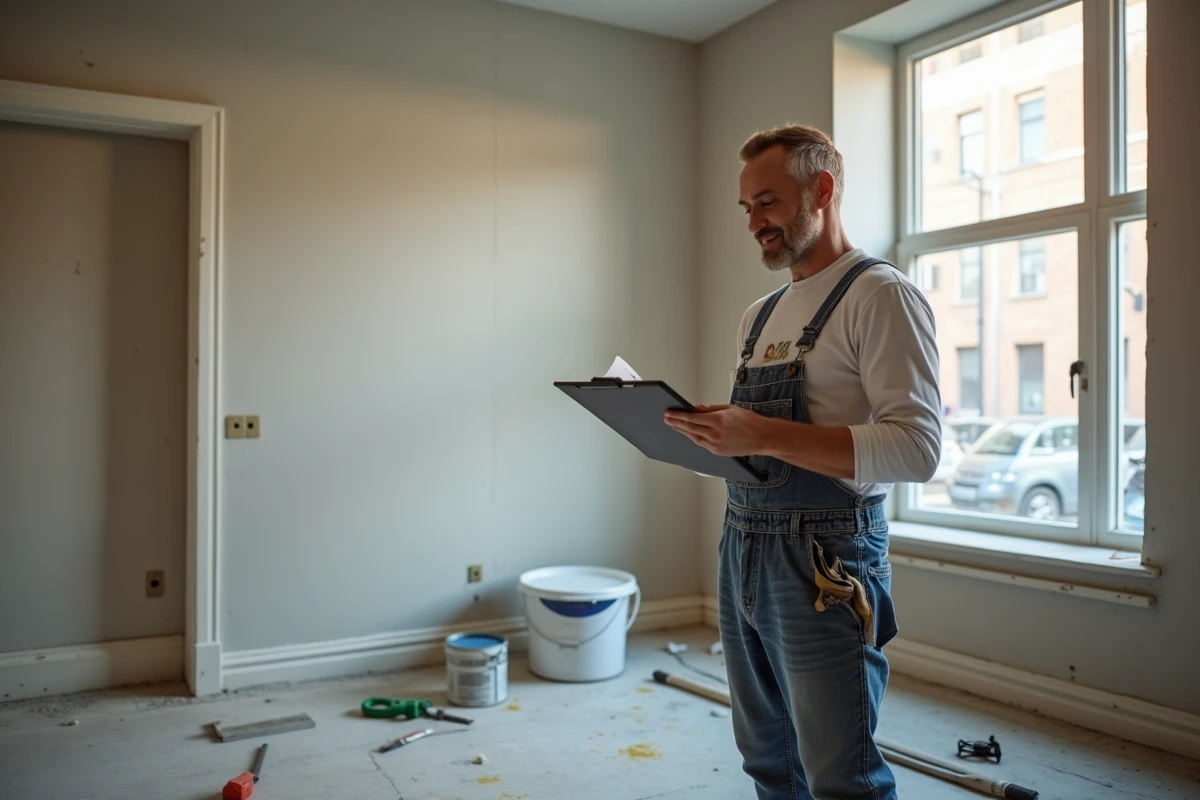 Artisan en travaux vérifiant un devis dans une pièce en rénovation