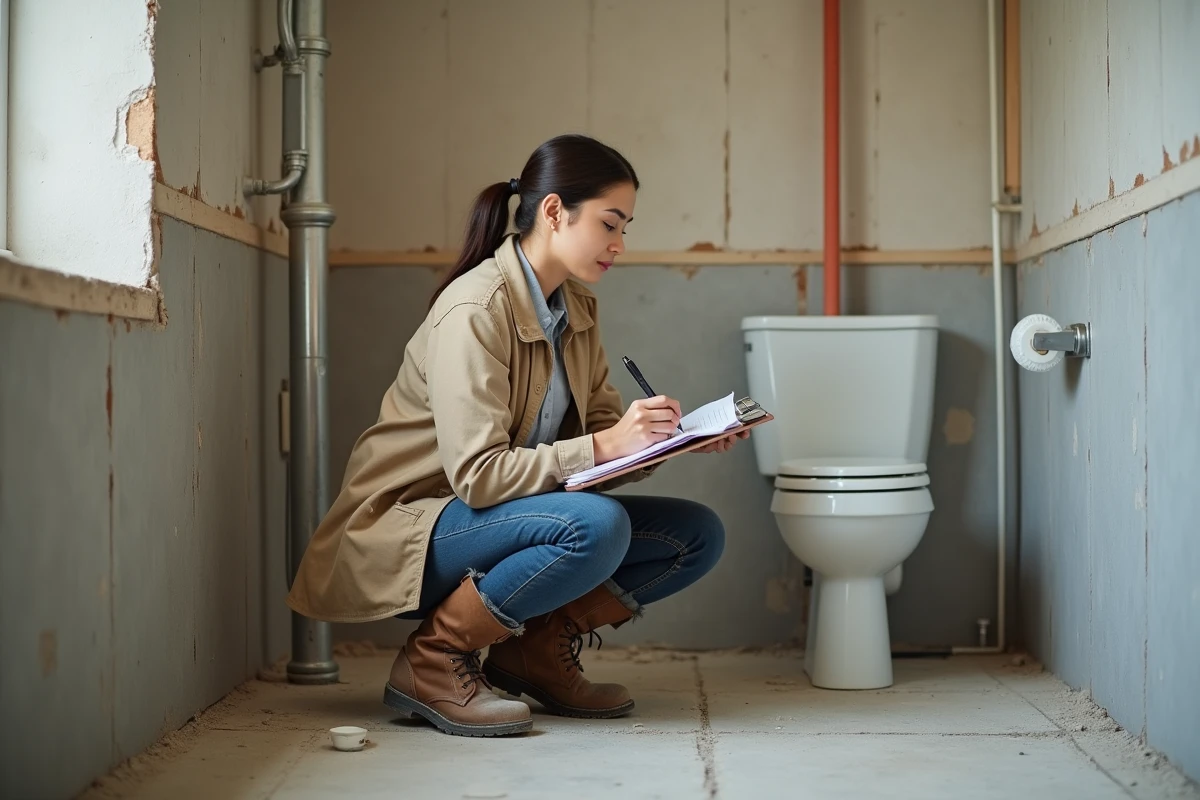 Artisane en train de rédiger un devis sur un chantier de rénovation de salle de bain en cours