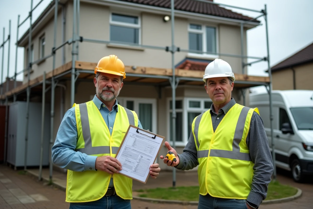 Deux artisans en gilets de sécurité consultant des devis devant une maison en travaux avec échafaudage