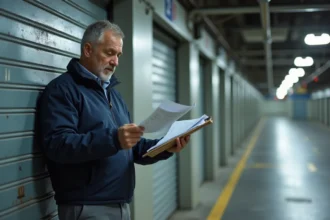 Propriétaire en copropriété consultant des documents d'assurance devant son box garage souterrain partagé