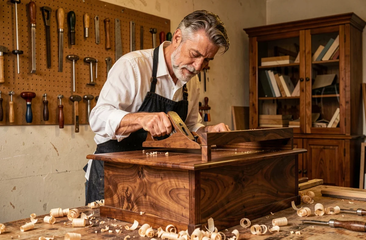 Ébéniste de l'Atelier Speionis finissant à la main un meuble en noyer dans son atelier à Rueil-Malmaison