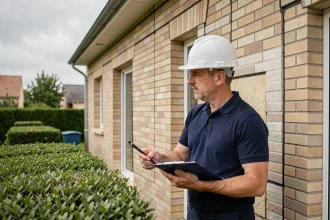 Auditeur énergétique professionnel inspectant l'isolation d'une maison individuelle lors d'un diagnostic HabitatFuturVert