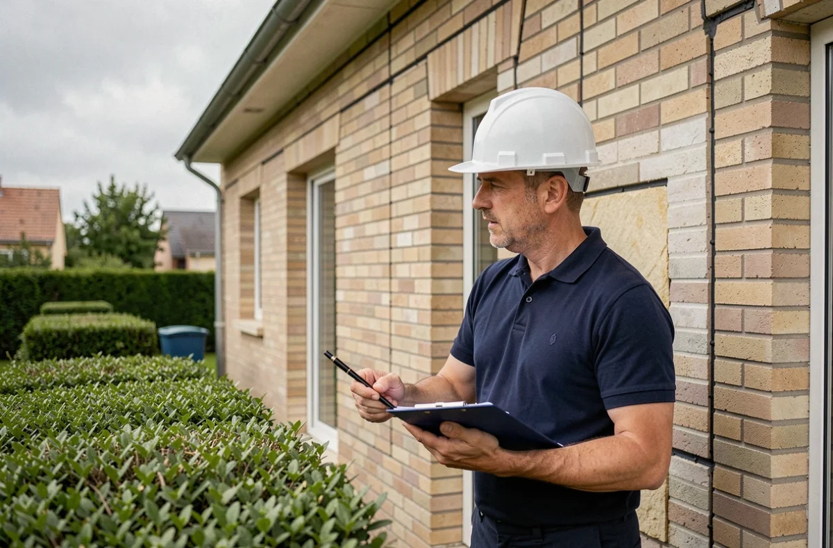 Auditeur énergétique professionnel inspectant l'isolation d'une maison individuelle lors d'un diagnostic HabitatFuturVert