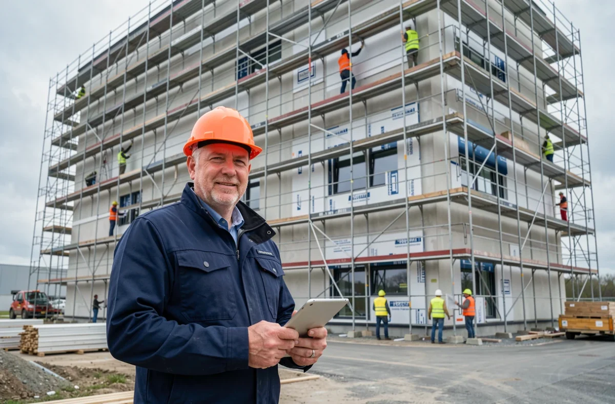 Chef de chantier d'Avenir Bâtiment Travaux Publics SAS supervisant un ravalement de bâtiment commercial en Seine-et-Marne