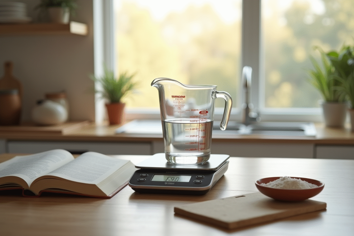 Balance de cuisine et livre de recettes avec eau et sucre