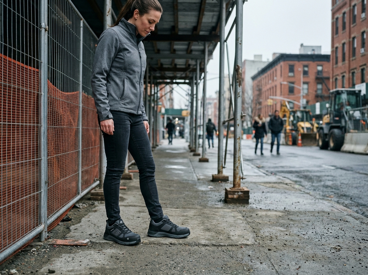 Femme portant des baskets de sécurité modernes sur un chantier urbain en tenue de travail contemporaine