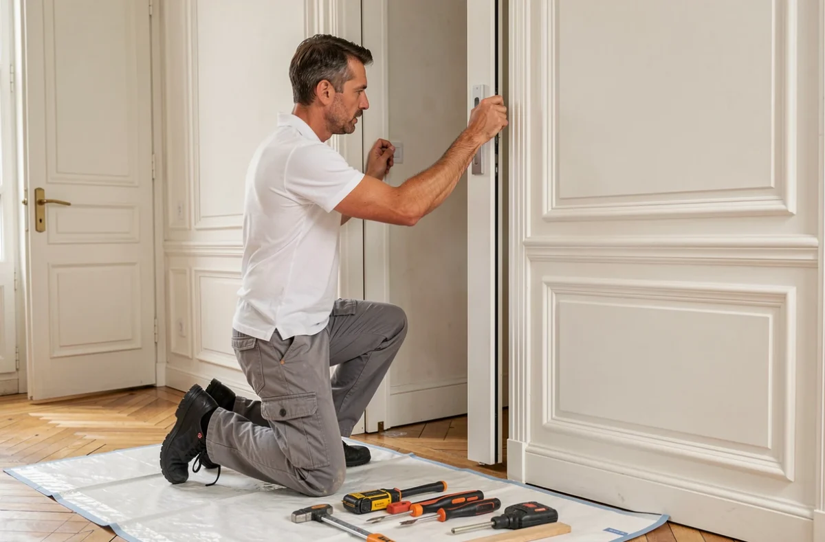 Spécialiste en rénovation menuiserie installant une porte intérieure dans un appartement à Neuilly-sur-Seine