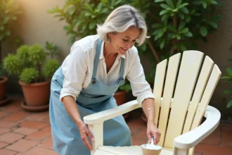 Femme frottant un plastique jauni avec une pâte de bicarbonate de soude sur une chaise de jardin blanche