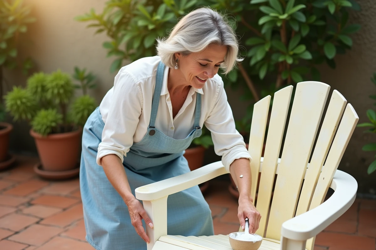 Femme frottant un plastique jauni avec une pâte de bicarbonate de soude sur une chaise de jardin blanche