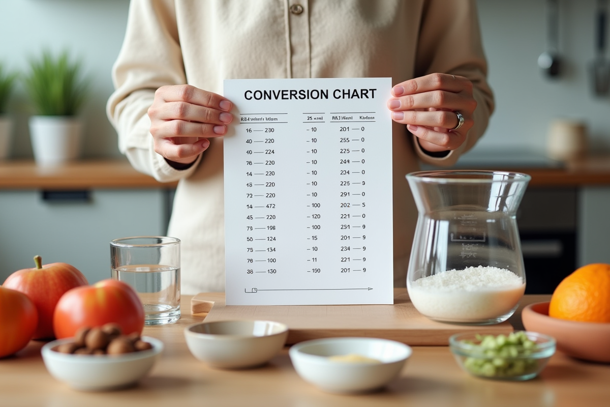 Blogueur en cuisine avec tableau de conversion et ustensiles