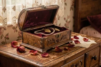 Boîte à bijoux vintage en acajou avec charnières en laiton et intérieur en velours bordeaux, posée sur une commode en bois rustique avec des pétales de roses séchées