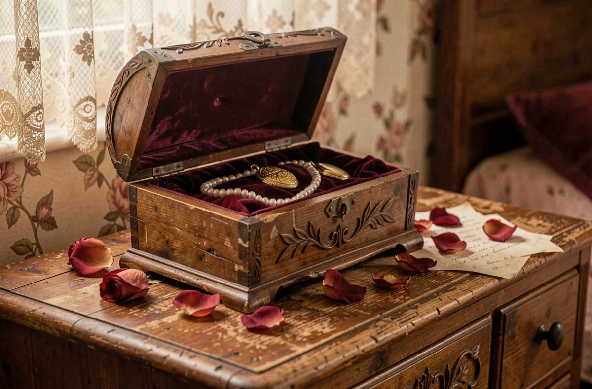 Boîte à bijoux vintage en acajou avec charnières en laiton et intérieur en velours bordeaux, posée sur une commode en bois rustique avec des pétales de roses séchées