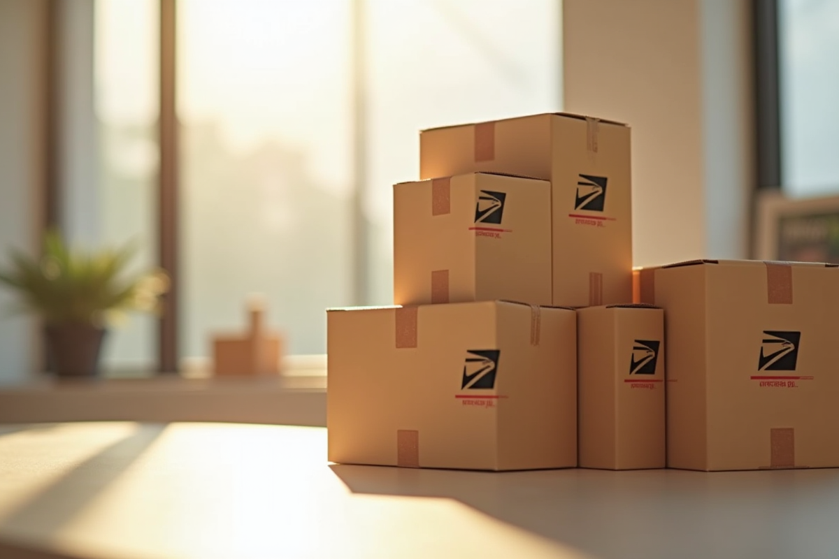 Boîtes en carton neuves empilées près d une fenêtre ensoleillée