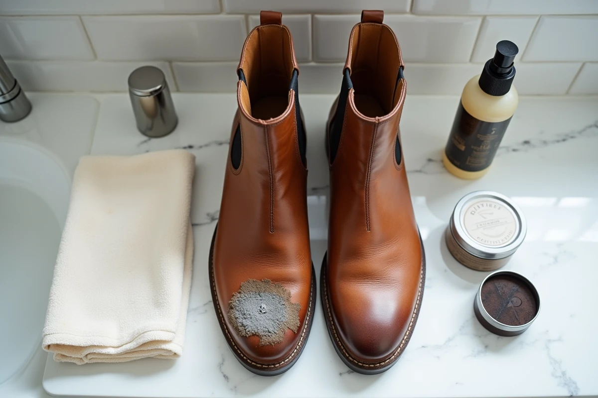 Bottes en cuir moisies posées sur un plan de travail blanc avec chiffon microfibre et produits de nettoyage pour traiter la moisissure