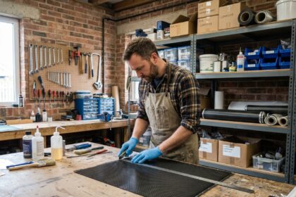 Bricoleur expert découpant de la fibre de carbone sur un établi d'atelier avec résines et accessoires composites
