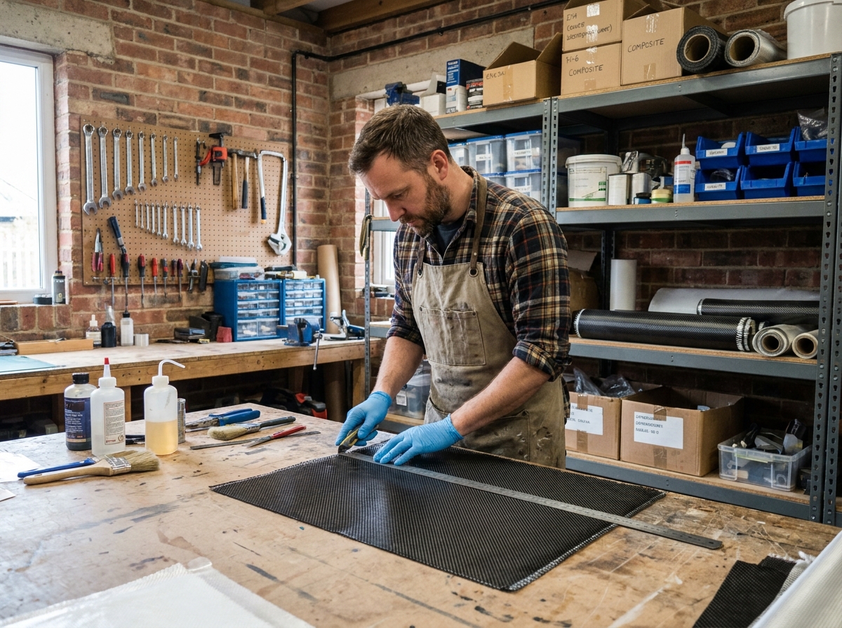 Bricoleur expert découpant de la fibre de carbone sur un établi d'atelier avec résines et accessoires composites