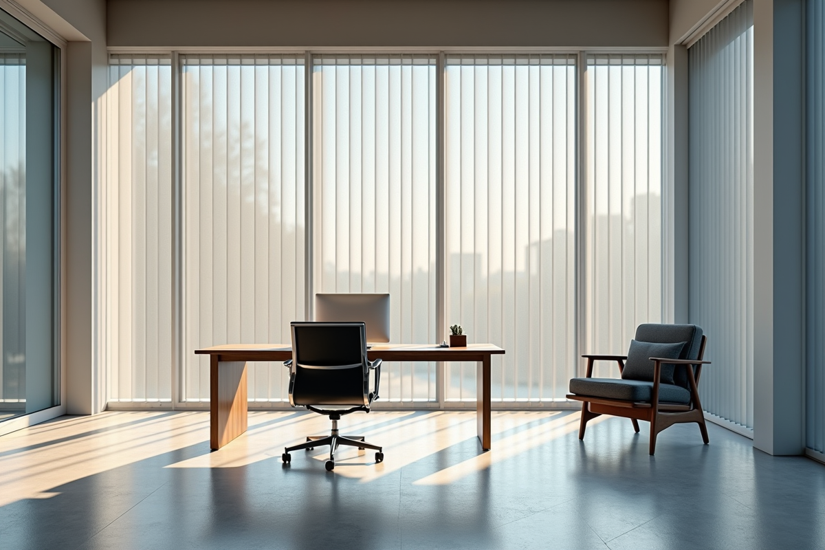 Bureau contemporain avec stores gris et lumière du matin