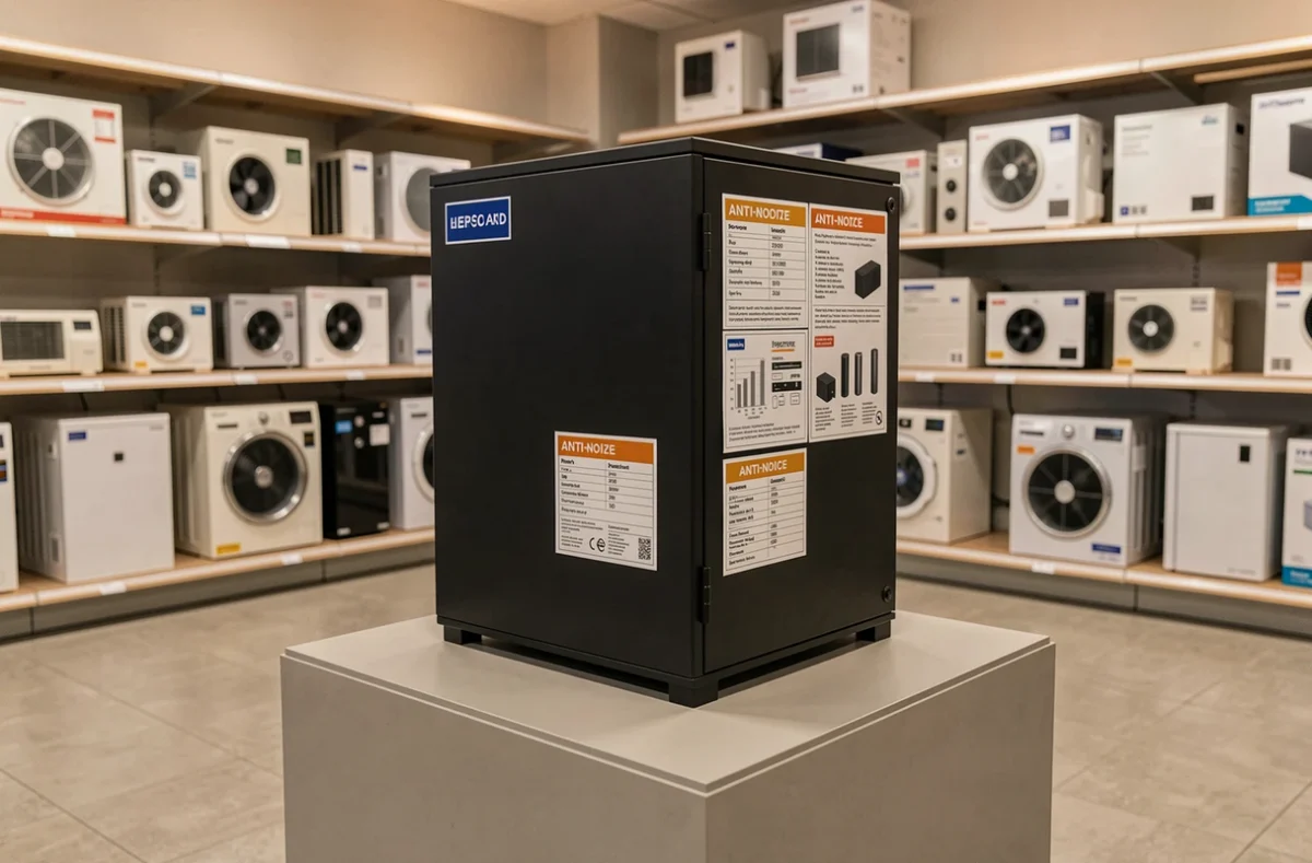 Caisson anti-bruit compact pour pompe à chaleur exposé dans un magasin de bricolage avec étiquettes techniques