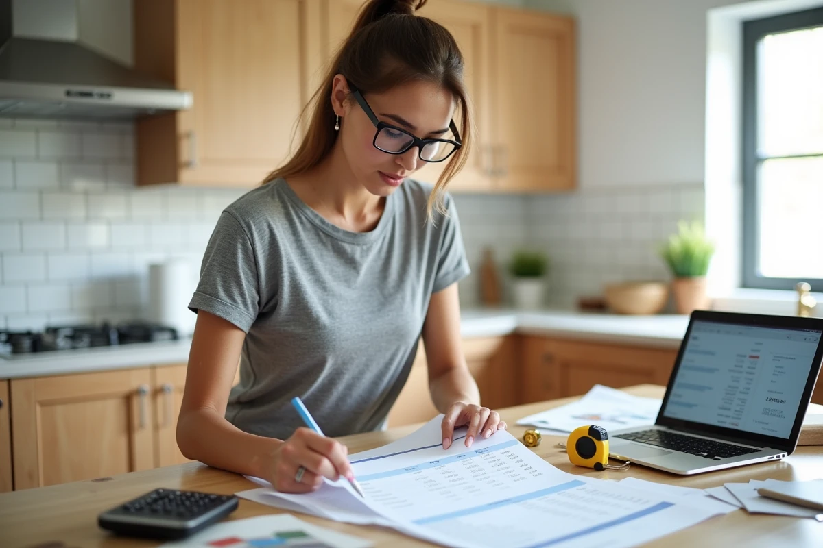 Femme calculant le coût d'un chantier de sablage avec des devis et des échantillons de matériaux étalés sur une table