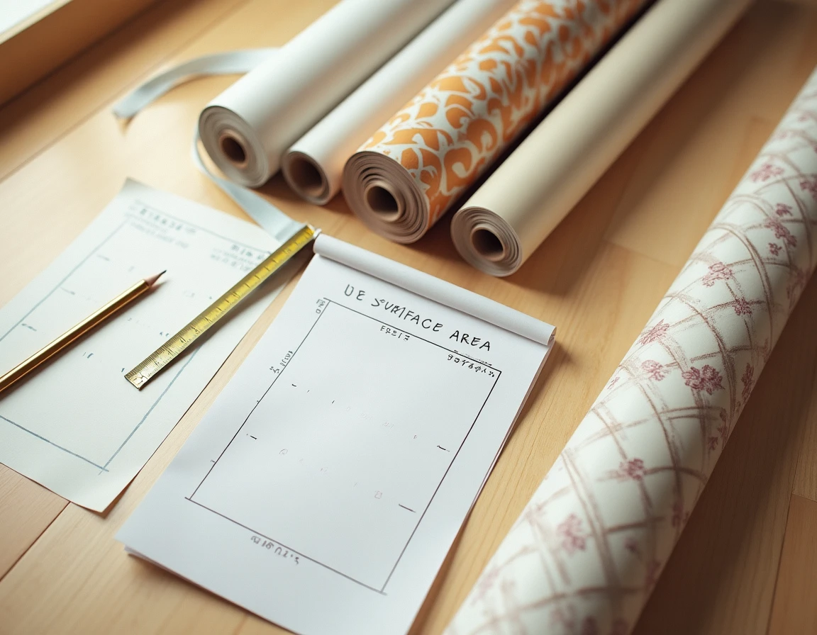 Vue de dessus de rouleaux de papier peint avec mètre ruban et calcul de surface au sol pour une pièce de 10m2