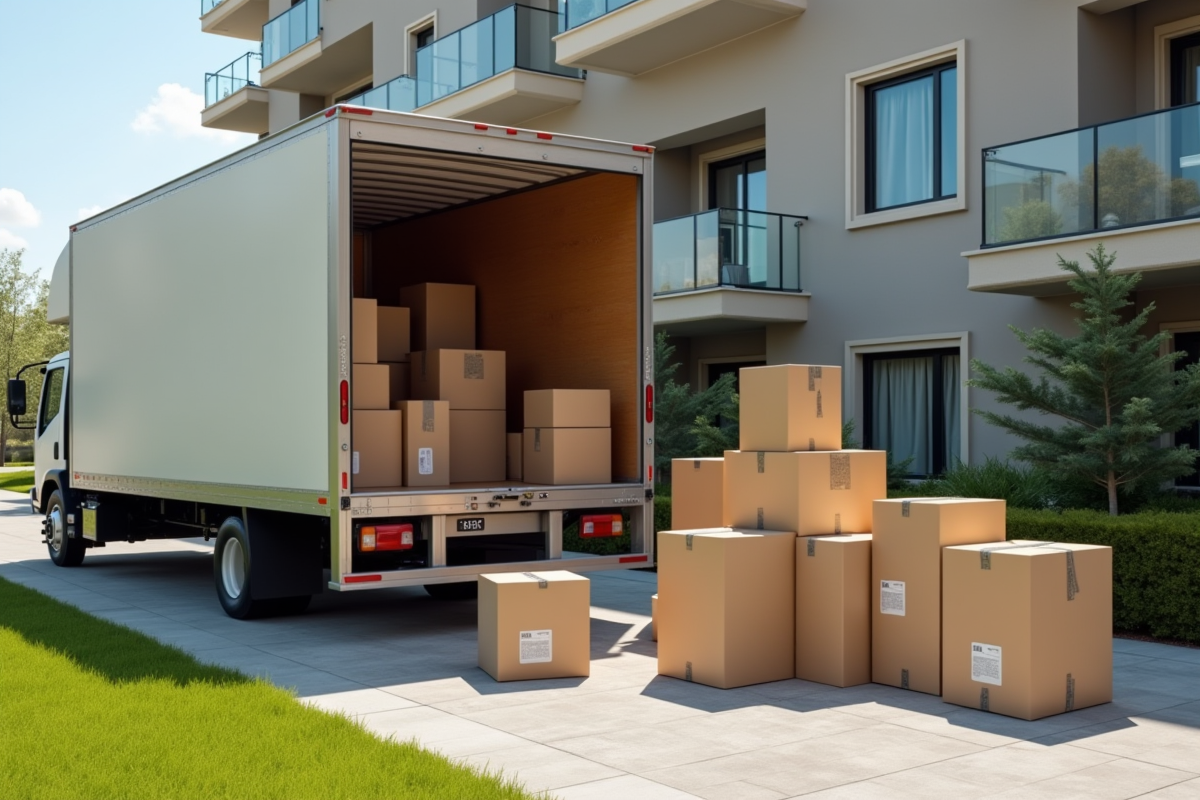 Camion de déménagement avec meubles et cartons étiquetés
