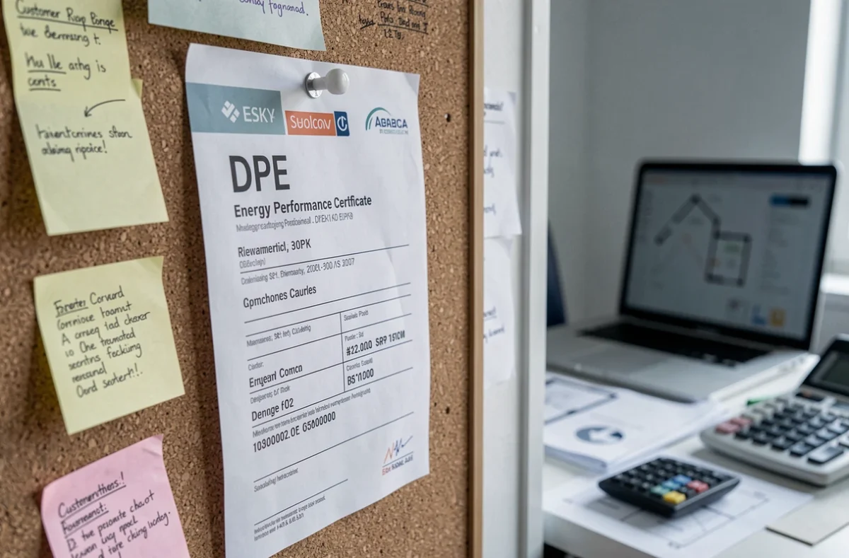 Certificat de performance énergétique DPE et avis clients affichés dans un bureau de diagnostic HabitatFuturVert