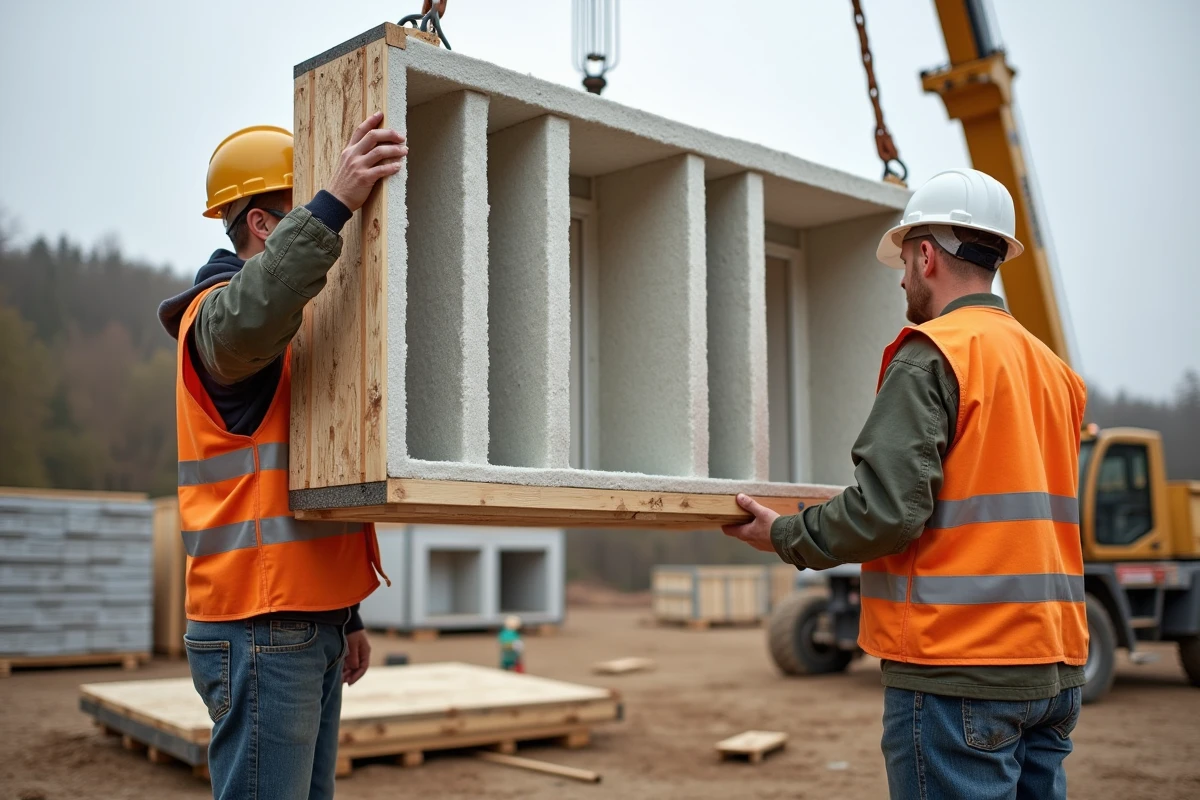 Ouvriers assemblant des panneaux modulaires préfabriqués isolés sur un chantier de maison écologique