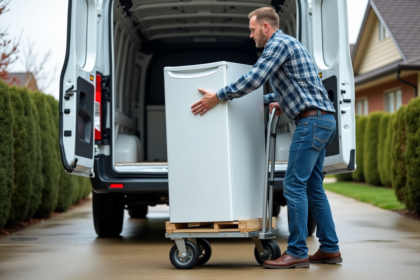 Homme chargeant un frigo dans une camionnette en banlieue