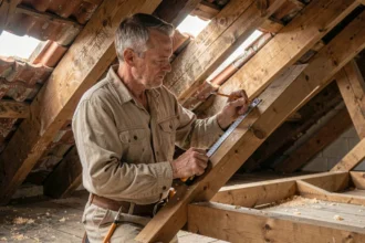 Charpentier mesurant un chevêtre dans une charpente existante lors de la pose d'un velux en rénovation